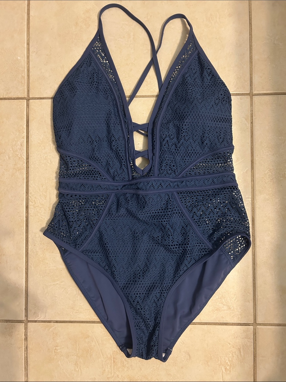 Blue Crochet One-Piece Swimsuit with Plunge V-Neck tie back size large